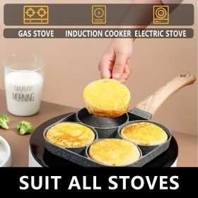 1pc Fry Pan For Egg, Non Stick Ham Pancake Maker, Egg Burger Pan With Wooden Handle, 4 Holes, For Induction Cooker Gas Stove - 1pc