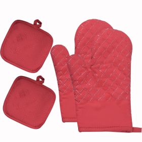 Kitchen Oven Gloves, Silicone and Cotton Double-Layer Heat Resistant Oven Mitts/BBQ Gloves - Red