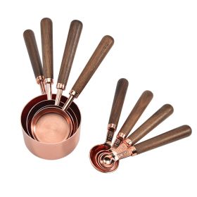 Rose Gold Measuring Cups and Spoons Set, Copper Pink Stainless Steel Cup and Spoon with Wooden Handle, Coffee Cake Milk Baking Measuring Cup - 8-PC