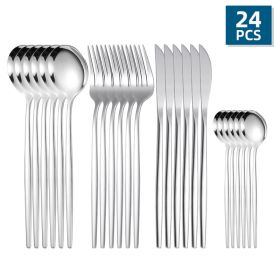 24pcs/Set Stainless Steel Cutlery; Portuguese Cutlery Spoon; Western Cutlery Set - Silvery