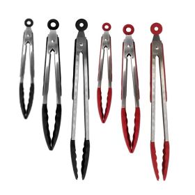 3Pcs Tongs With Silicon Tip Household Kitchen Utensil Stainless Steel High Heat Resistant Locking BBQ Cooking Accessories Baking - Red