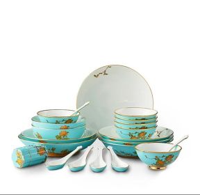 Auratic 22-Piece Chinese Dinnerware Set for 6, Plates, Bowls, Spoons, Toothpick Holder, China Painted Ceramic Tableware Set(Lake Blue, Peony) - White