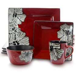 Elama Winter Bloom 16 Piece Square Stoneware Dinnerware Set - EL-WINTERBLOOM