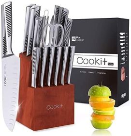 Kitchen Knife Set; Cookit 15 Piece Knife Sets with Block Chef Knife Stainless Steel Hollow Handle Cutlery with Manual Sharpener - default