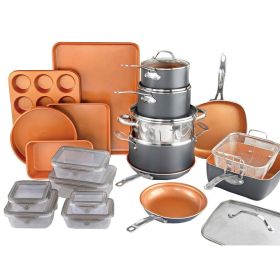 32 Piece Cookware Set, Bakeware and Food Storage Set, Nonstick Pots and Pans - gray