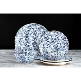 Dinnerware Black & White Dot Stoneware, 12 Piece Set - Blue