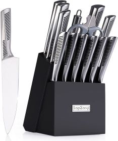 Kitchen Knife Set;  LapEasy 15 Piece Knife Sets with Block Chef Knife Stainless Steel Hollow Handle Cutlery with Manual Sharpener - black