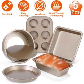 5Pcs Nonstick Bakeware Set Baking Tray Ovenware Sheet Kit - Golden