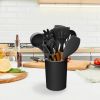 11Pcs Silicone Cooking Utensil Set Heat Resist Wooden Handle Silicone Spatula Turner Ladle Spaghetti Server Tongs - Black